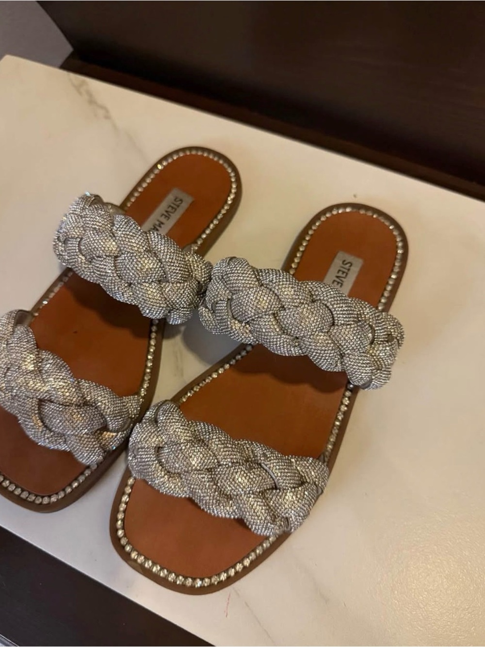 Steve Madden Silver Braided Double-Strap Slide Sandals
